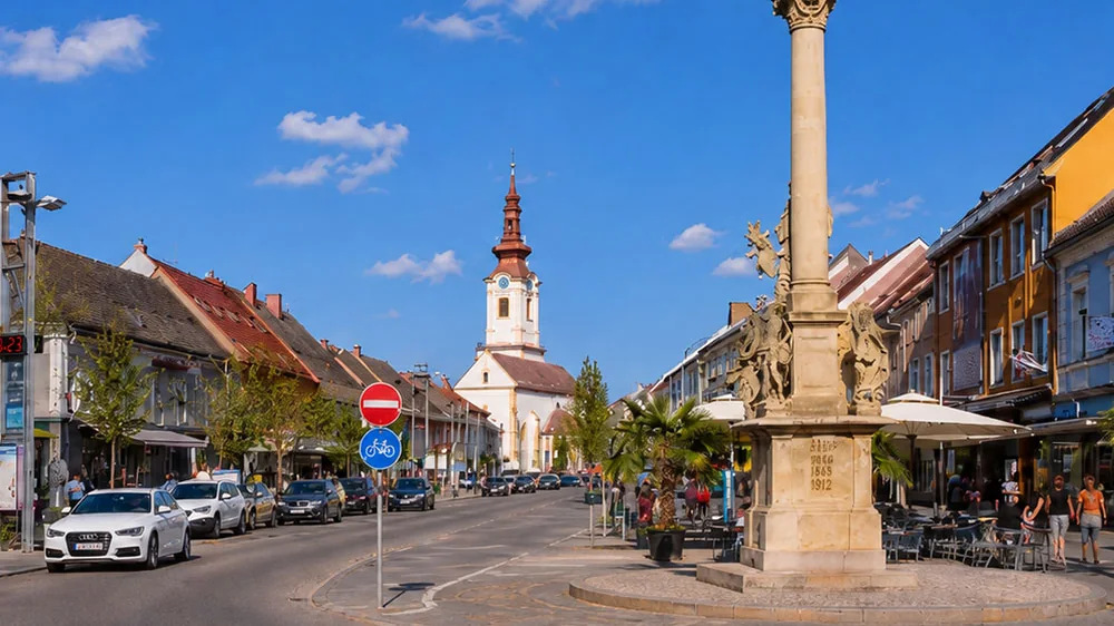 Hauptplatz Leibnitz mit Pestsäule und Stadtpfarrkirche, geplantes Festgelände des Erntedankfests